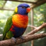 Papagáj a kalitkájában, figyelmesen néz a kamerába