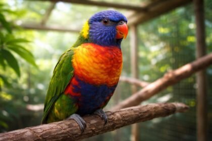 Papagáj a kalitkájában, figyelmesen néz a kamerába