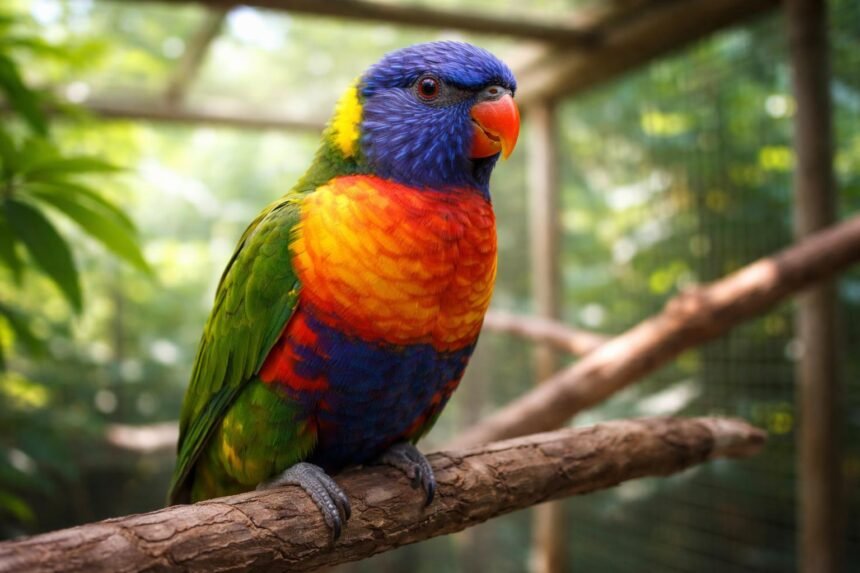 Papagáj a kalitkájában, figyelmesen néz a kamerába