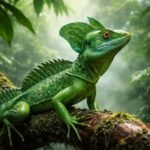 Sisakos baziliszkusz zöld hüllő lombos terráriumban