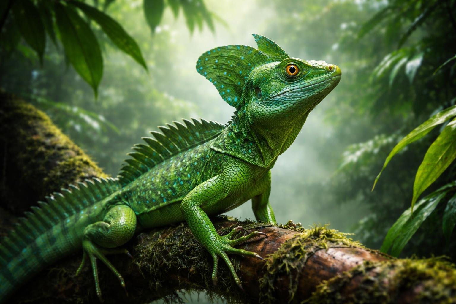 Sisakos baziliszkusz zöld hüllő lombos terráriumban