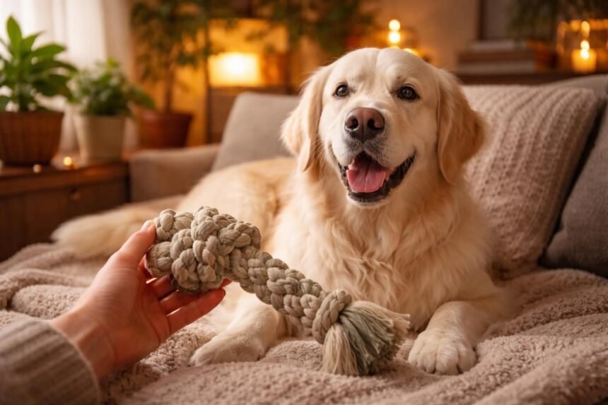 Stresszes kutya, nyugi-csomóval játszik otthon, gazdival együtt