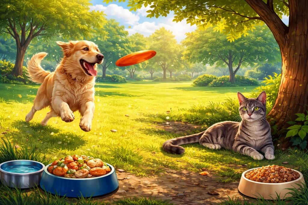 Kutyák és macskák összehasonlítása apportírozás közben a kertben