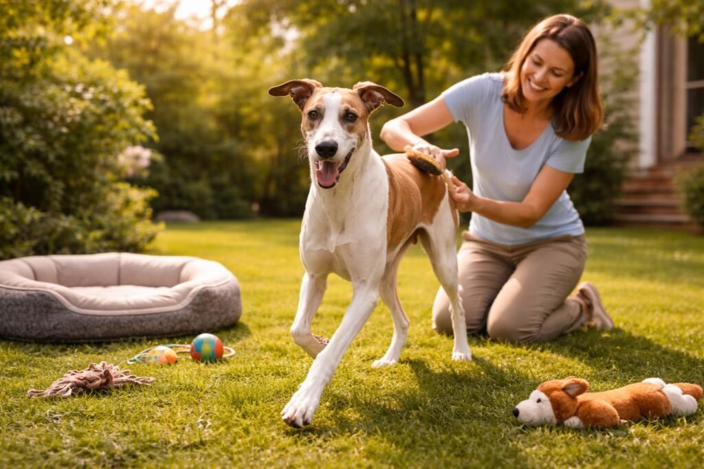 Magyar agár pihen egy napsütötte kertben, jól ápolt és nyugodt