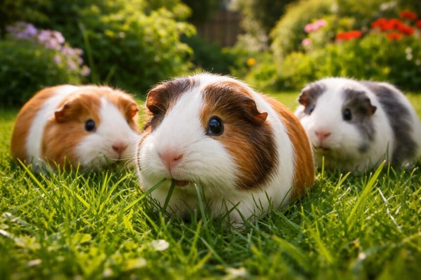 Tengerimalac biztonságosan legel a zöld gyepen a kertben