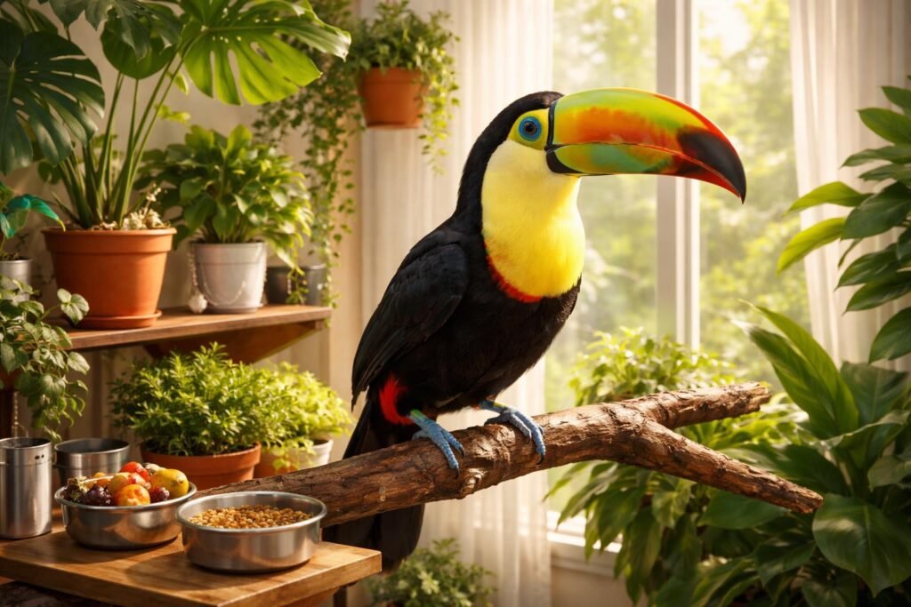 Tukán ketrecében ül, színes tollazattal és figyelmes tekintettel