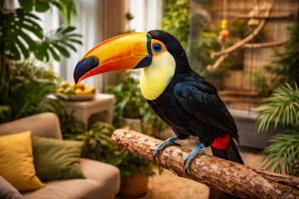 Tukán repül egy otthoni nappaliban, színes tollaival és élénk megjelenésével