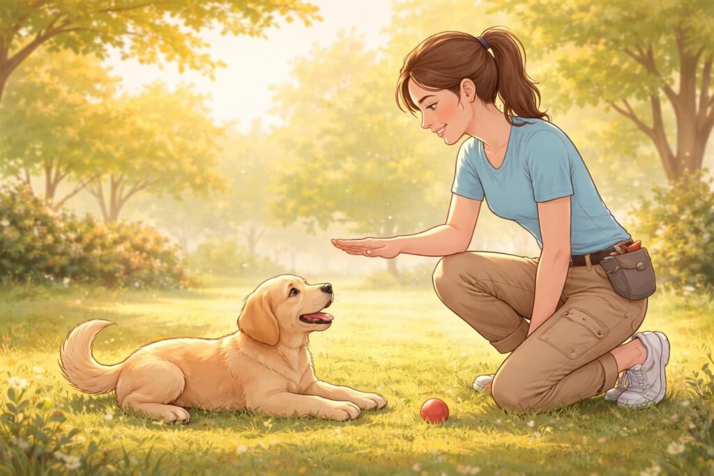 Kis kiskutya fekszik a padlón a "Fekszik" vezényszóra