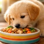 Boldog növésben lévő kiskutya egészséges tápanyagokkal