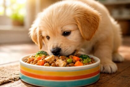 Boldog növésben lévő kiskutya egészséges tápanyagokkal