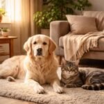 Kutya és macska nyugodtan együtt egy otthoni környezetben