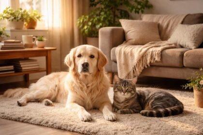 Kutya és macska nyugodtan együtt egy otthoni környezetben