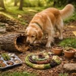 Boldog kutya játszik az erdőben, élénk és figyelmes