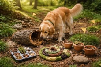 Boldog kutya játszik az erdőben, élénk és figyelmes