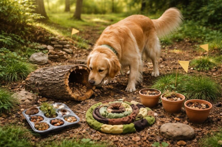 Boldog kutya játszik az erdőben, élénk és figyelmes
