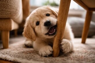 Kölyökkutya fogával rág egy fa széklábat a nappaliban