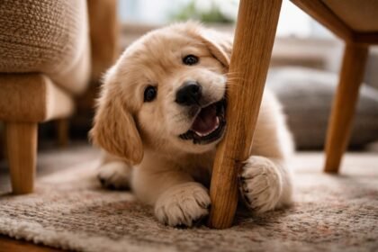 Kölyökkutya fogával rág egy fa széklábat a nappaliban