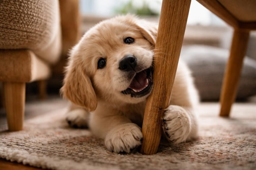 Kölyökkutya fogával rág egy fa széklábat a nappaliban