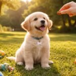 Kiskutya játék közben tanul vezényszavakat a szabadban