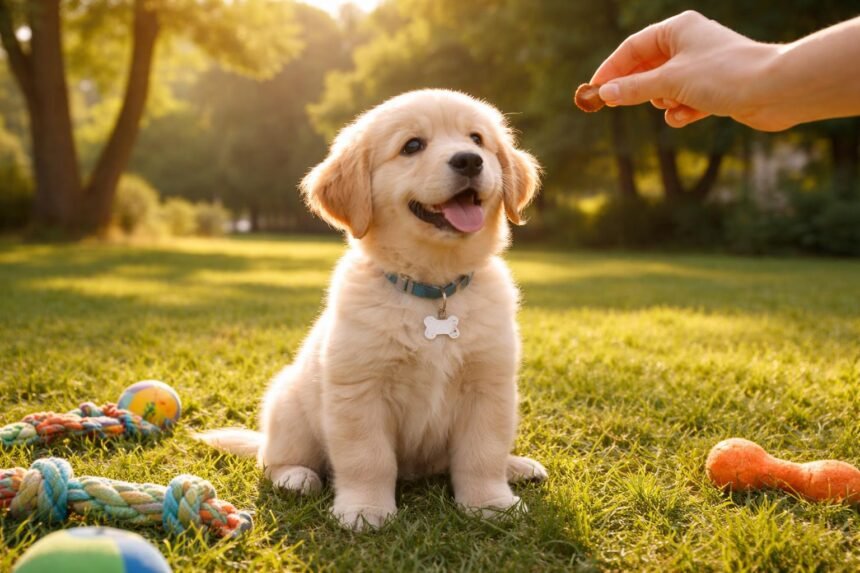 Kiskutya játék közben tanul vezényszavakat a szabadban