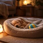 Kiskutya alszik biztonságban egy puha ágyban otthon