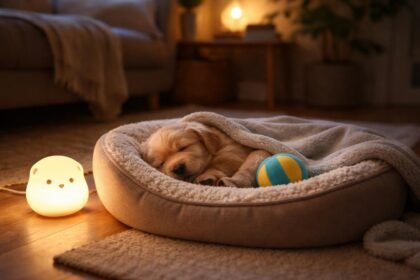 Kiskutya alszik biztonságban egy puha ágyban otthon