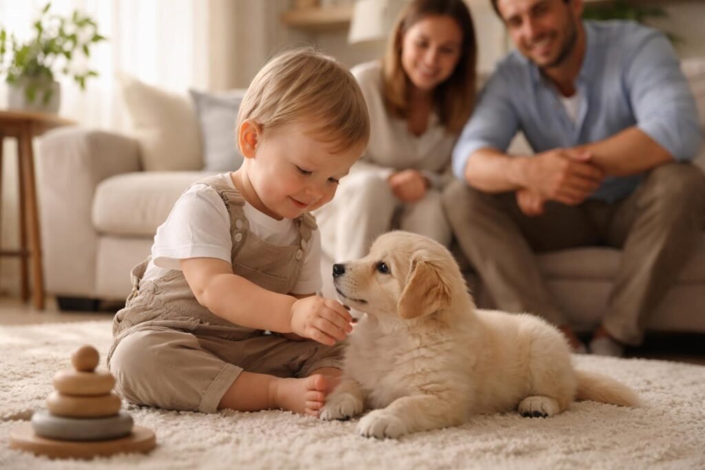 Kiskutya és gyerekek nyugodtan ismerkednek otthon