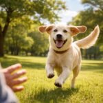 Kutyát hív meg gazdája parkban, boldog és figyelmes