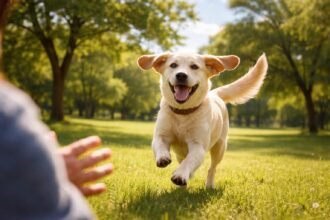 Kutyát hív meg gazdája parkban, boldog és figyelmes