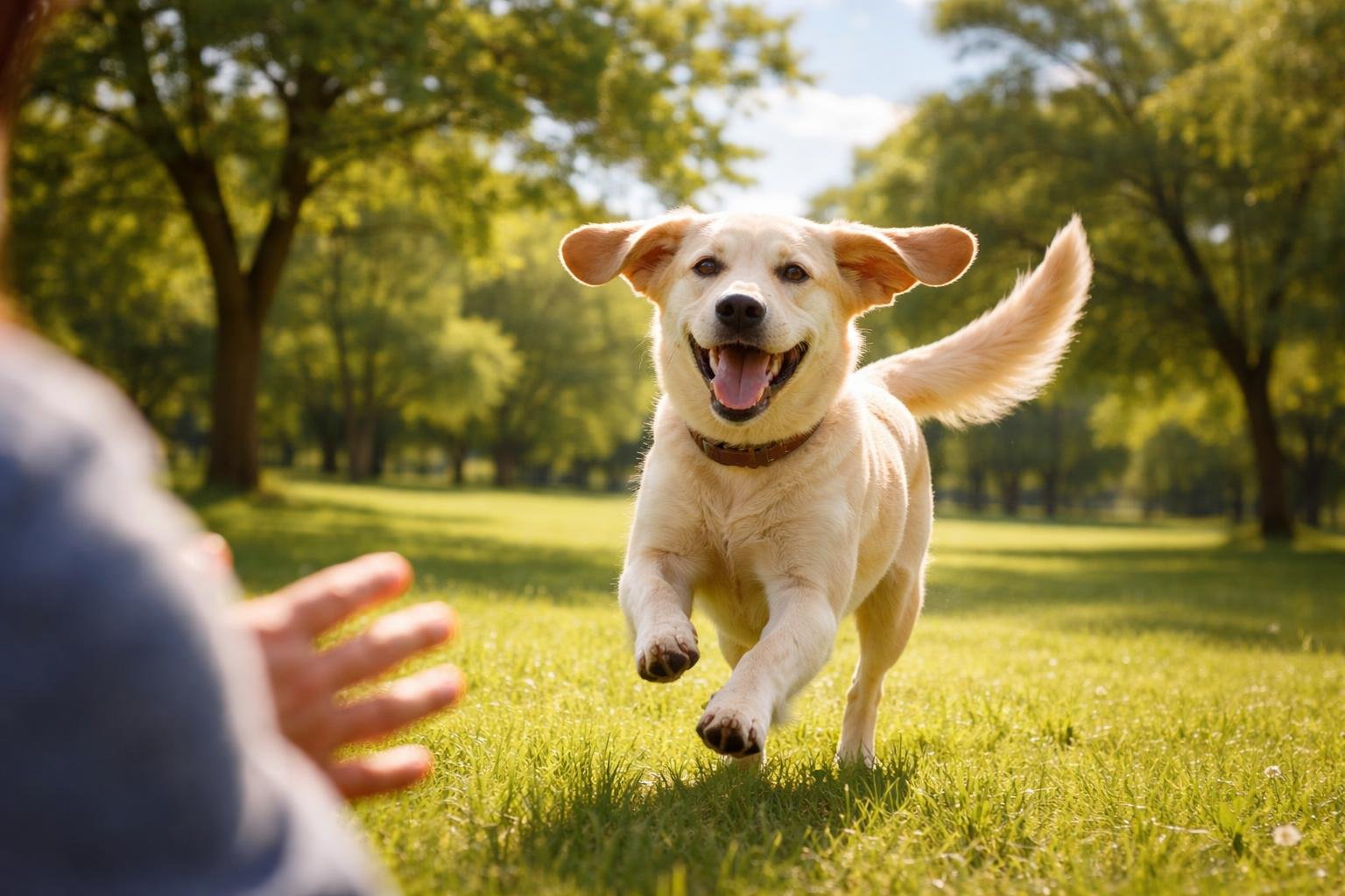 Kutyát hív meg gazdája parkban, boldog és figyelmes