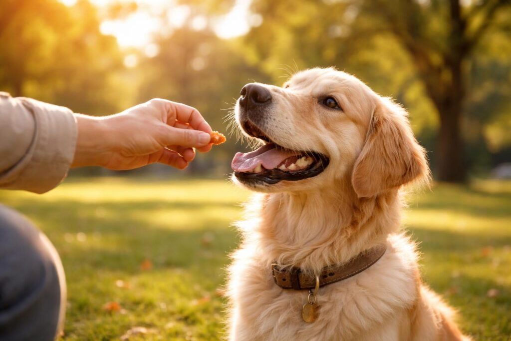 Gazdag jutalmazási pillanat egy boldog kutyával és gazdájával