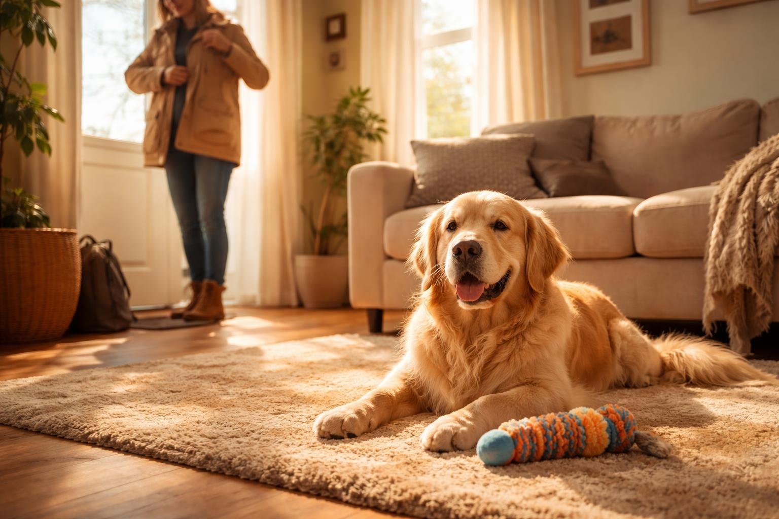 Kutya nyugodtan pihen egyedül otthon, szeparációs szorongás megelőzés