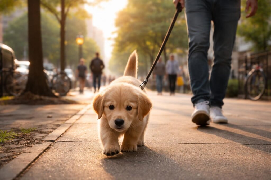Kiskutya első városi sétán, utcai zajok között