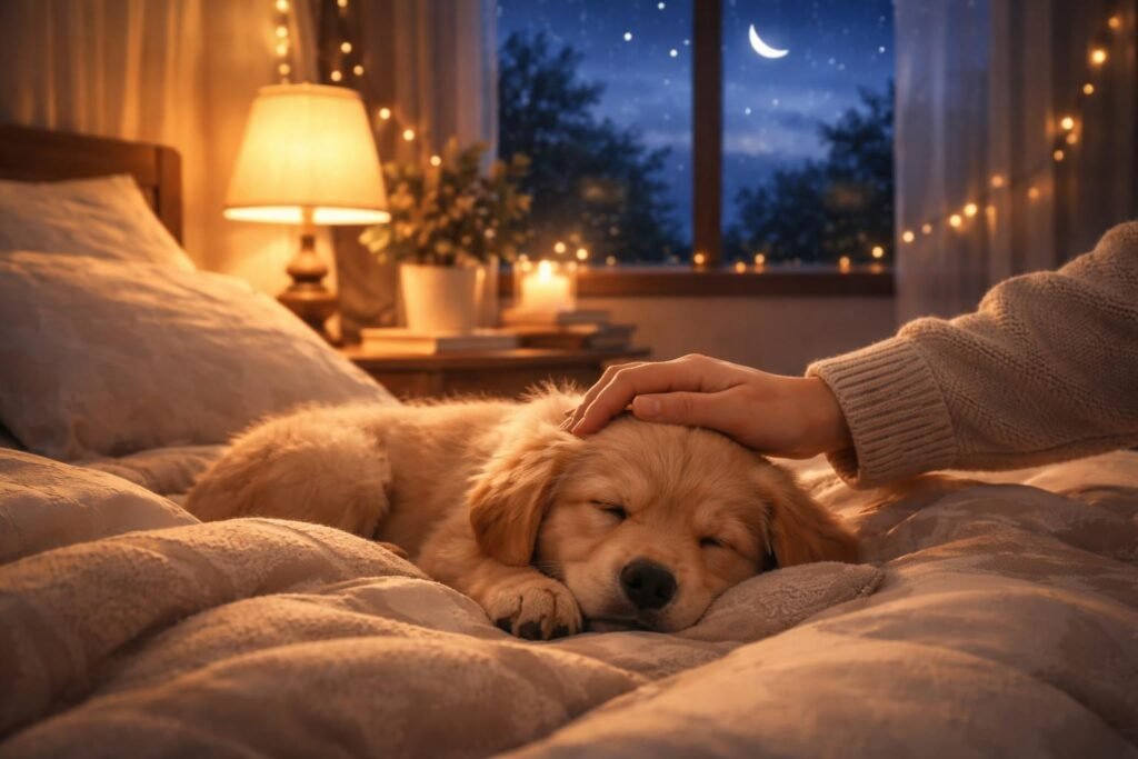 Kiskutya nyugodtan alszik gazdájával az esti rutin közben