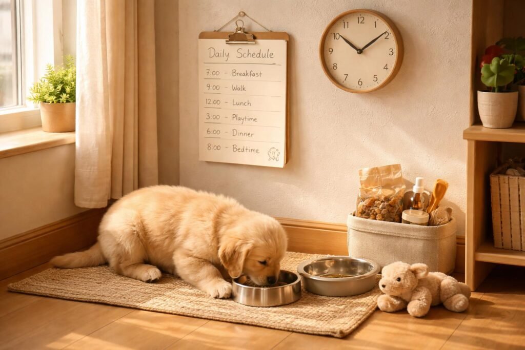 Kiskutya eszik tálból az otthoni nappaliban