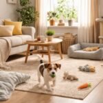 Kiskutya a lakásban játszik, otthon biztonságosan előkészítve