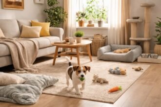 Kiskutya a lakásban játszik, otthon biztonságosan előkészítve