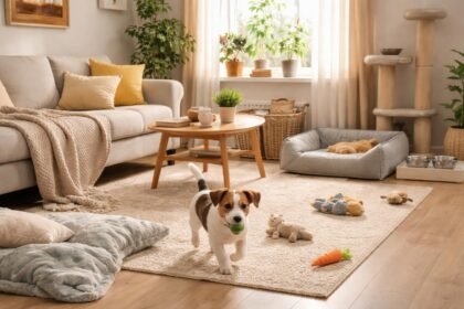 Kiskutya a lakásban játszik, otthon biztonságosan előkészítve