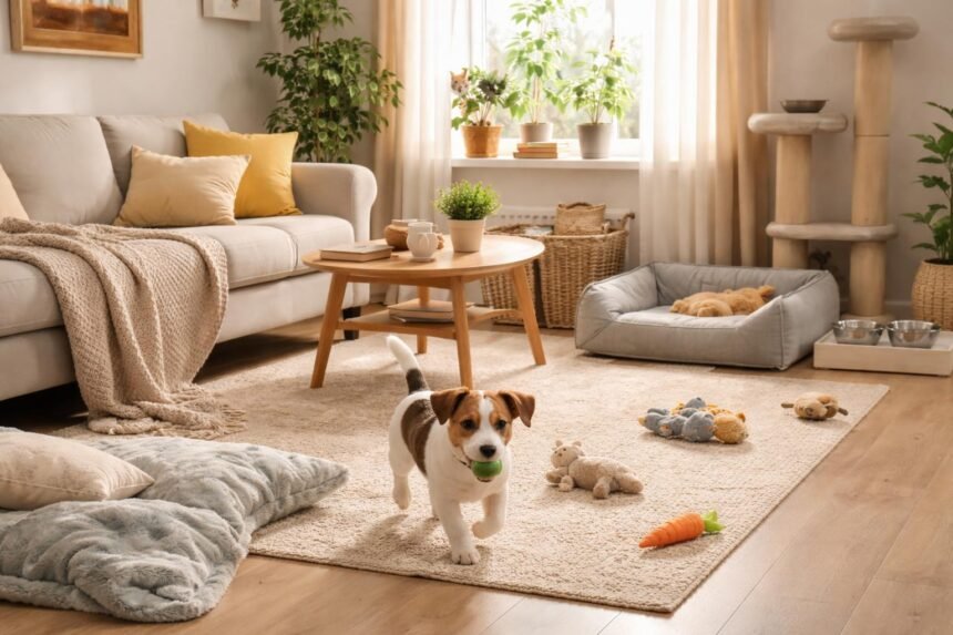 Kiskutya a lakásban játszik, otthon biztonságosan előkészítve