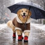 Kutya melegen becsomagolva téli esős napon sétál a parkban