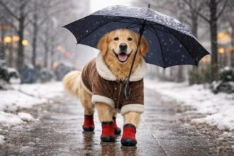 Kutya melegen becsomagolva téli esős napon sétál a parkban