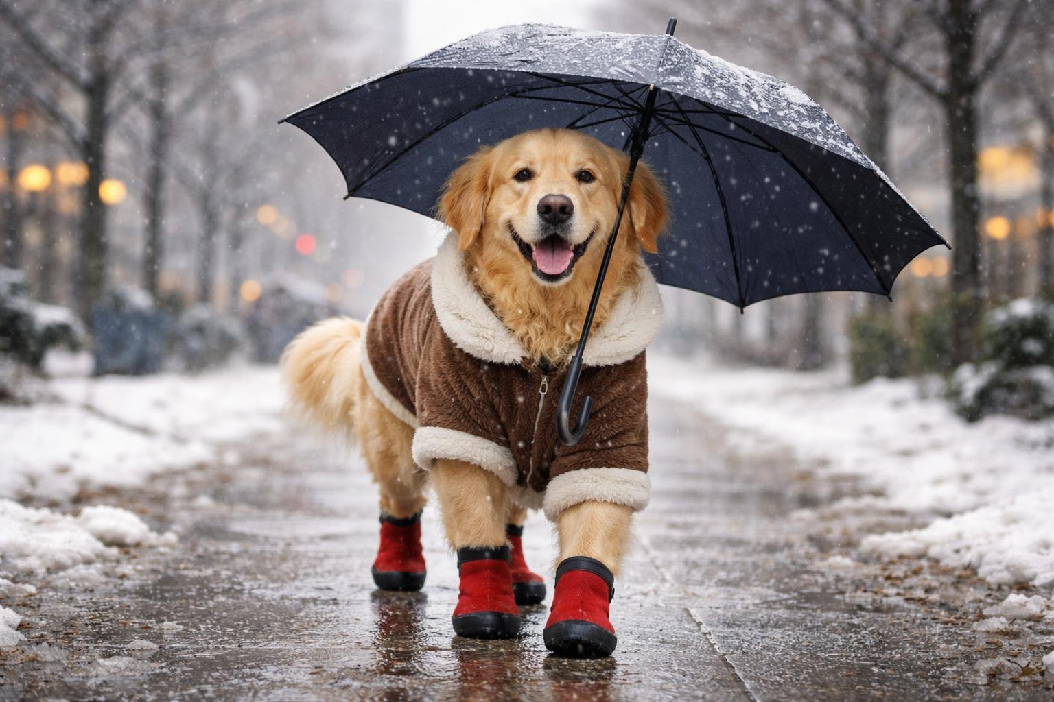 Kutya melegen becsomagolva téli esős napon sétál a parkban