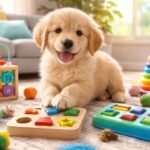 Kiskutya játszik interaktív fejlesztő játékkal a parkban