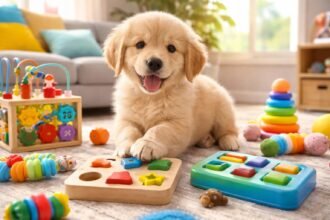 Kiskutya játszik interaktív fejlesztő játékkal a parkban