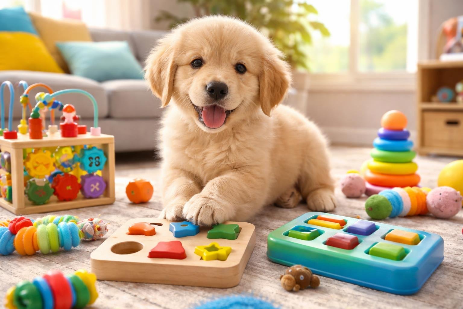 Kiskutya játszik interaktív fejlesztő játékkal a parkban