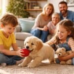 Kiskutya játszik gyerekekkel a nappaliban boldogan