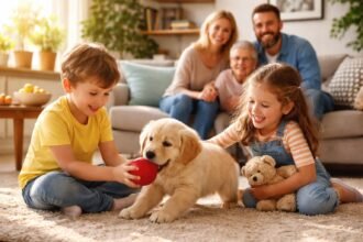 Kiskutya játszik gyerekekkel a nappaliban boldogan