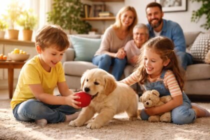 Kiskutya játszik gyerekekkel a nappaliban boldogan