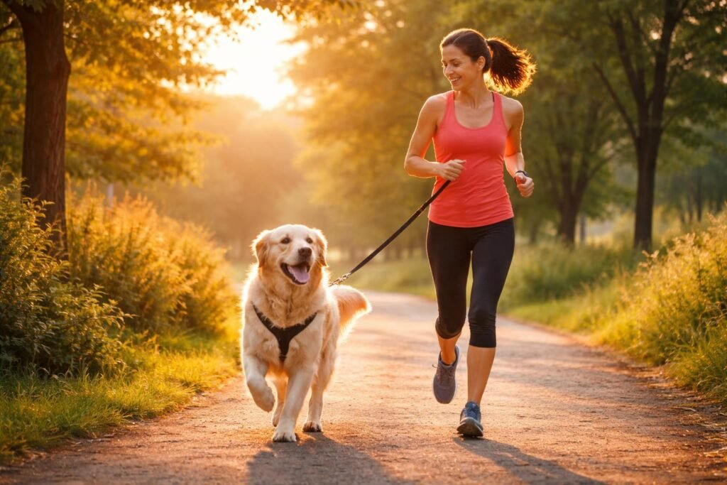 Egy nő fut egy kutyával parkban, egyensúlyban a tempó