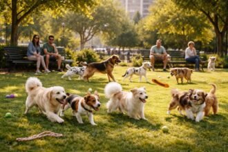 Kutyák játszanak a parkban biztonságosan és örömmel a kutyafuttatóban